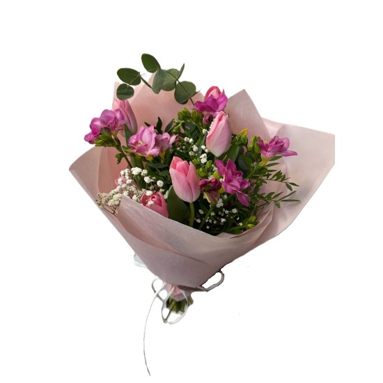 Buchet 6 lalele, 5 fire frezie,1 fir gipso, 1 fir eucalipt,2 fire pistacia, folie decor